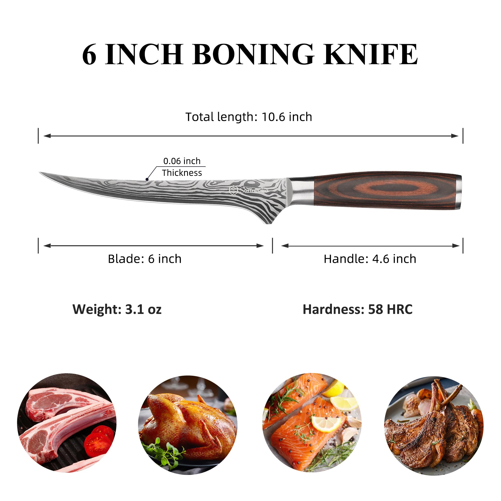 Sunnecko boning knife with Pakkawood handle for a comfortable grip.