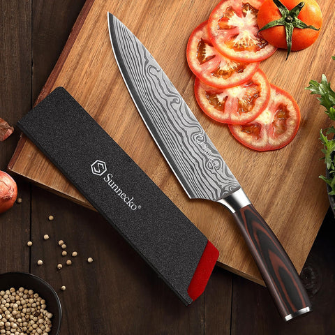 Sunnecko Chef Knife edge angle closeup emphasizing even cuts