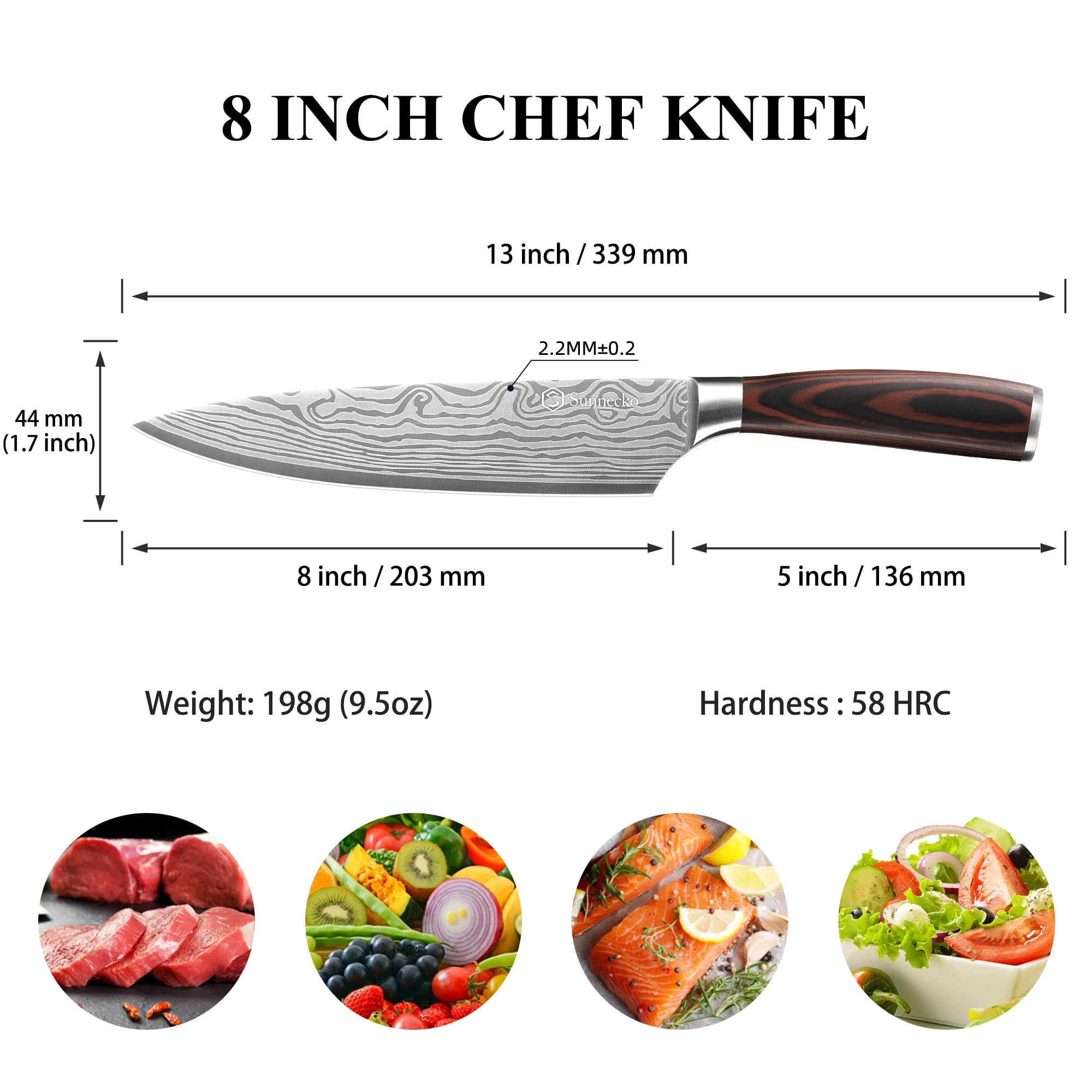 Sunnecko Chef Knife ergonomic handle detail highlighting comfortable grip during long prep