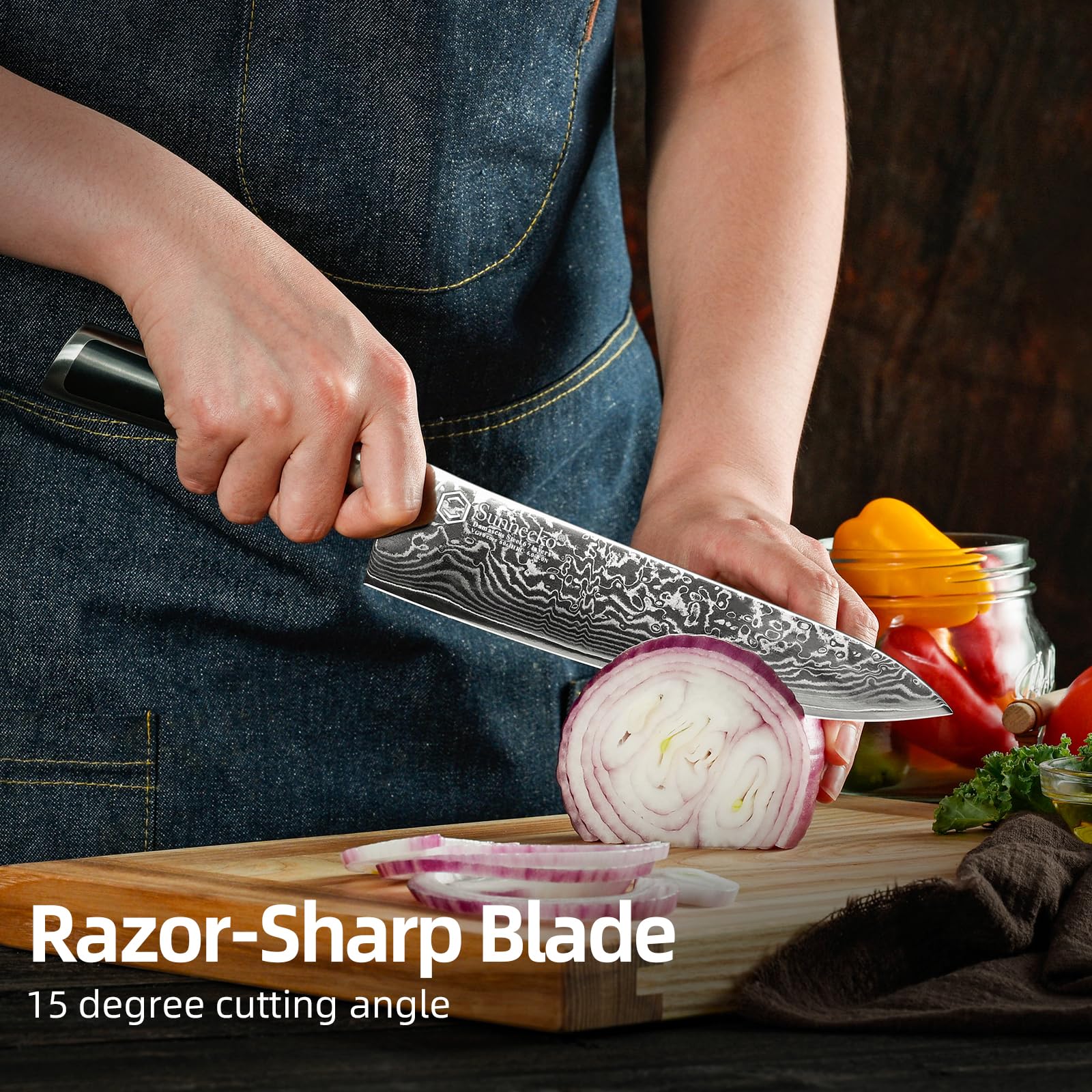 Sunnecko Damascus steel blade with VG-10 core pattern highlighting durability.