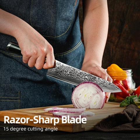 Sunnecko Damascus steel blade with VG-10 core pattern highlighting durability.