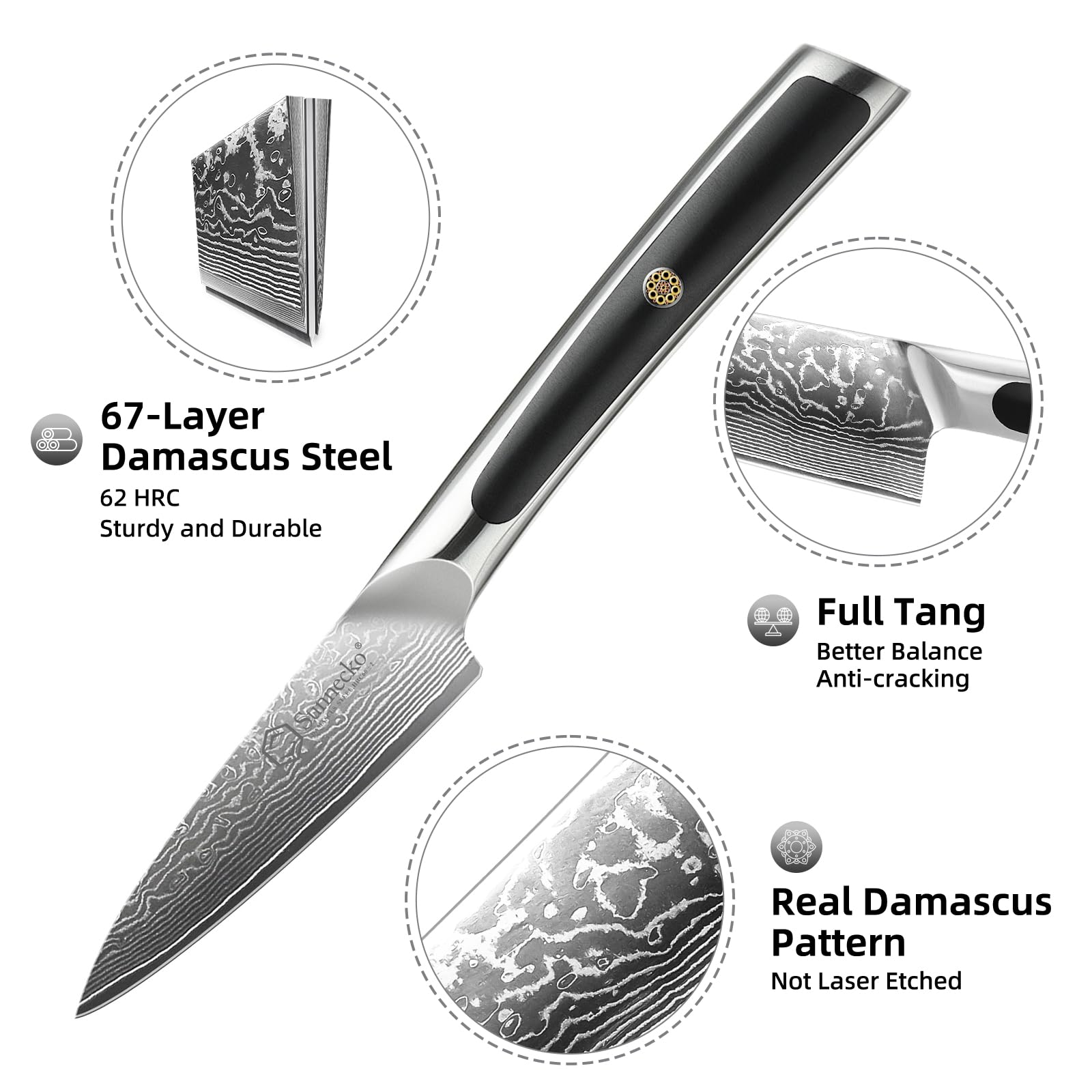 Sunnecko fruit knife with inlaid handle close-up highlights ergonomic grip.