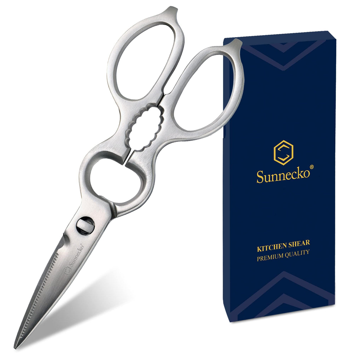Sunnecko heavy duty kitchen scissors blade close-up for precise cutting