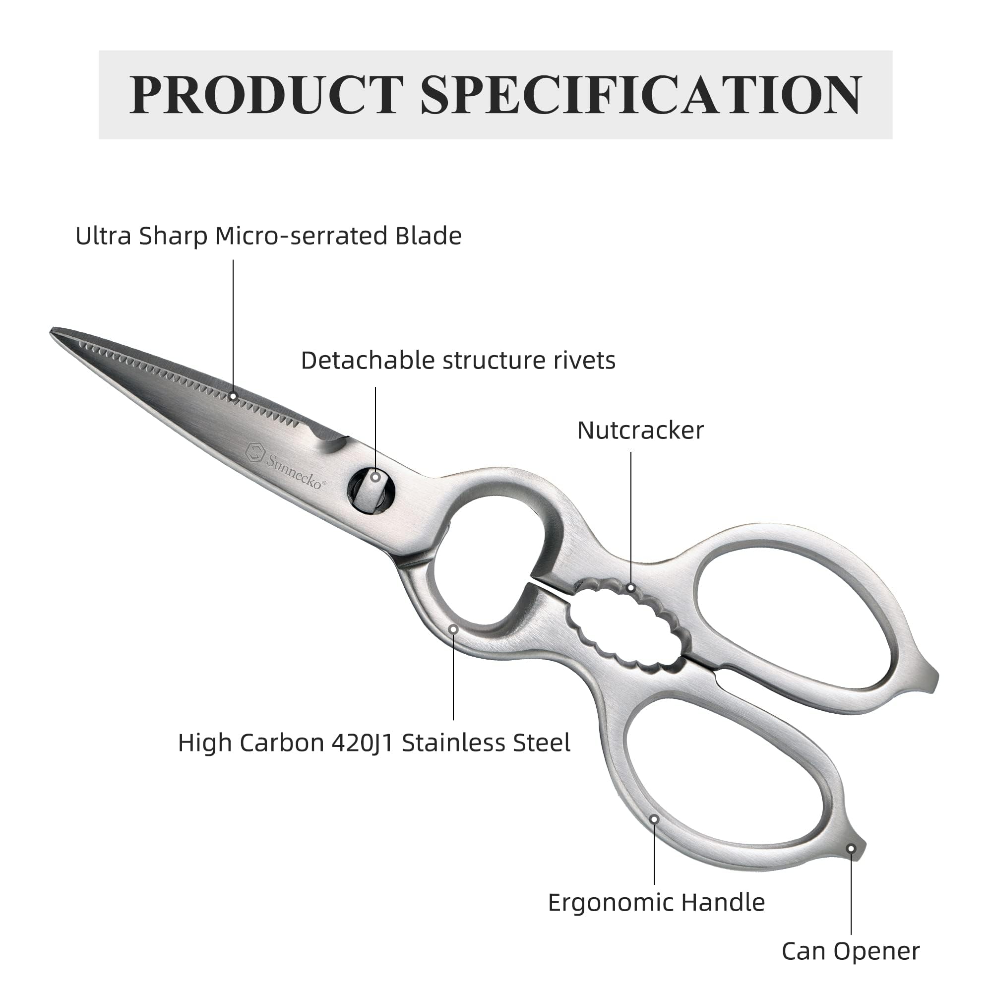 Sunnecko kitchen scissors ergonomic handle for comfortable grip during prep