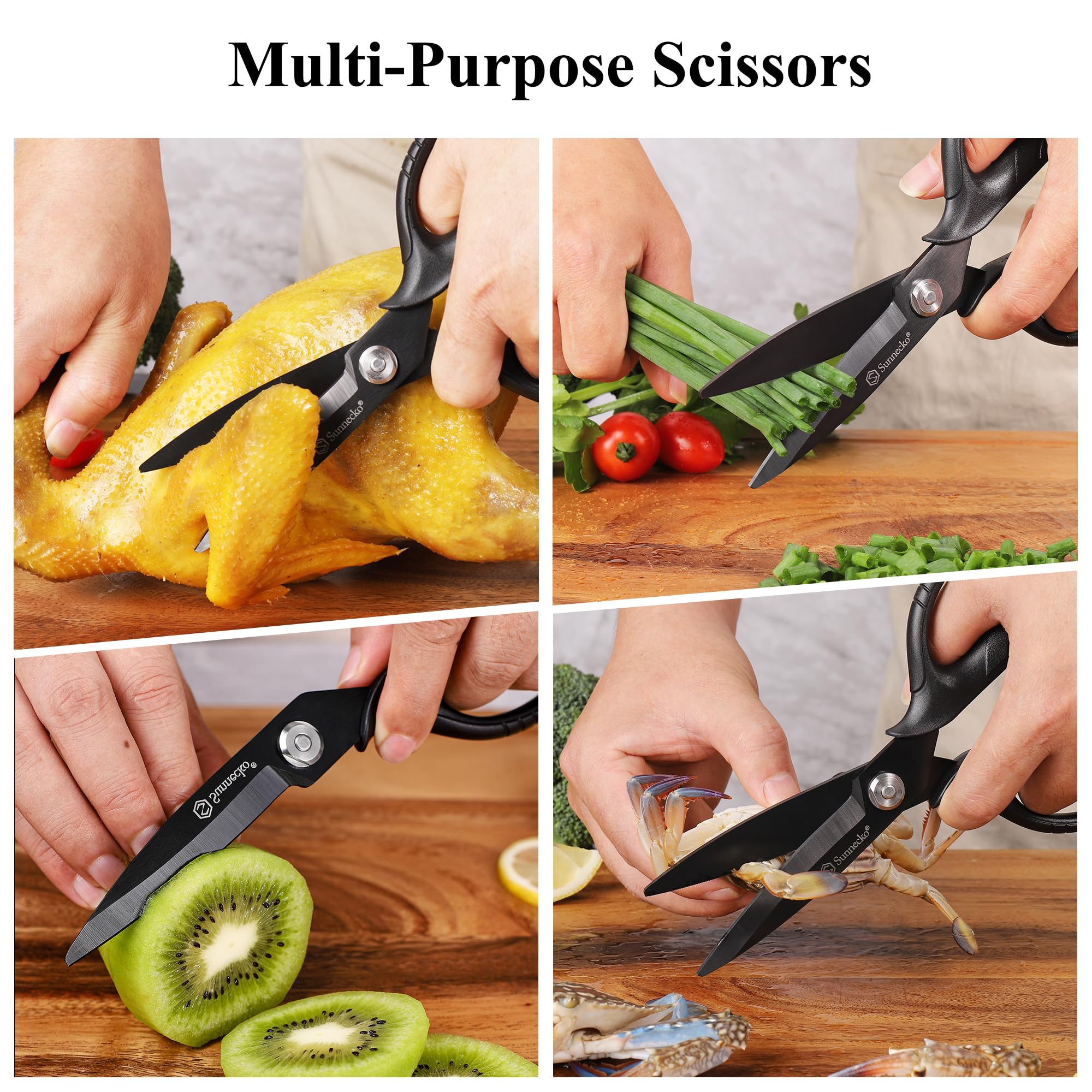 Sunnecko kitchen scissors in easy-cleaning setup showing blade separation.