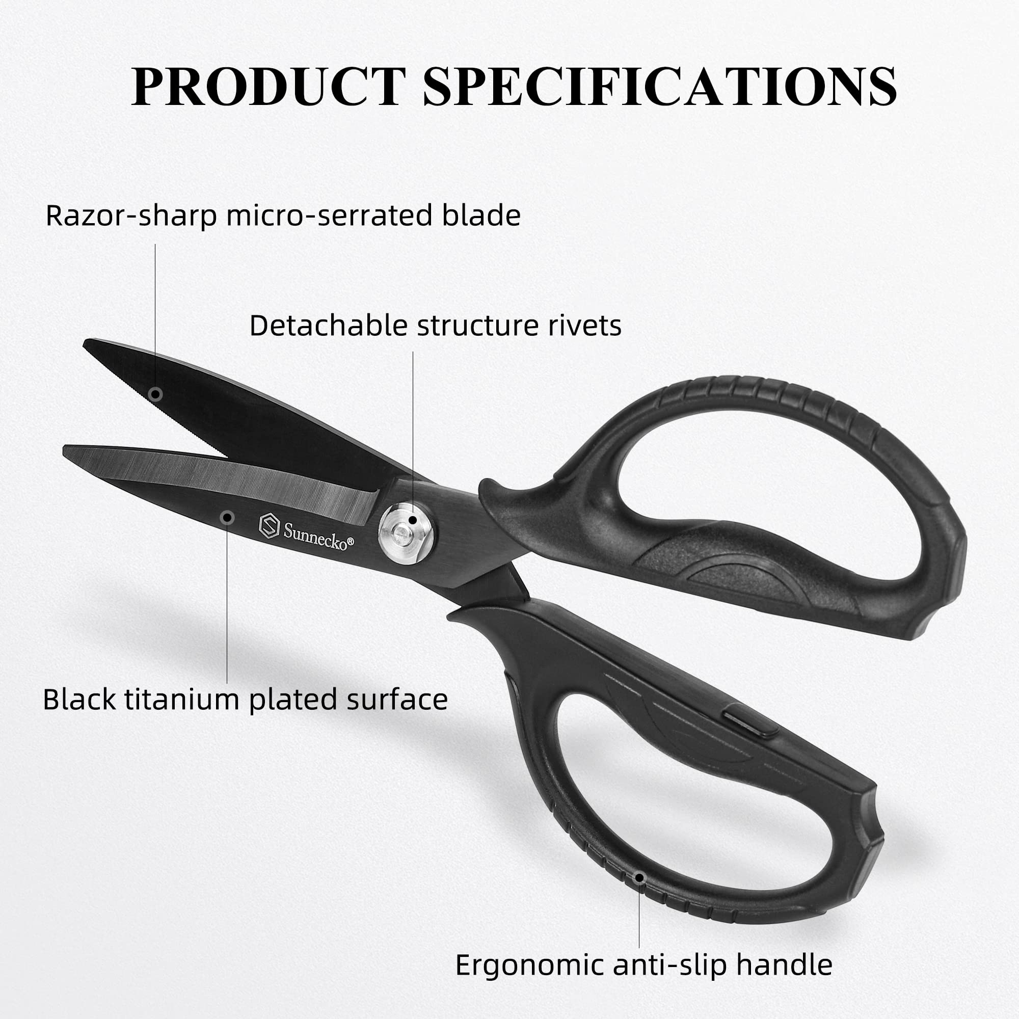 Sunnecko scissors close-up of micro-serrated edge for grip on tough cuts.
