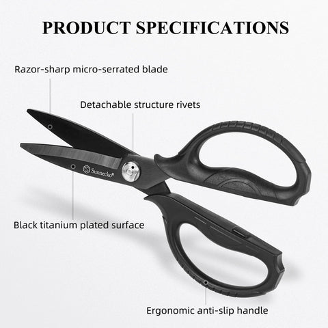 Sunnecko scissors close-up of micro-serrated edge for grip on tough cuts.