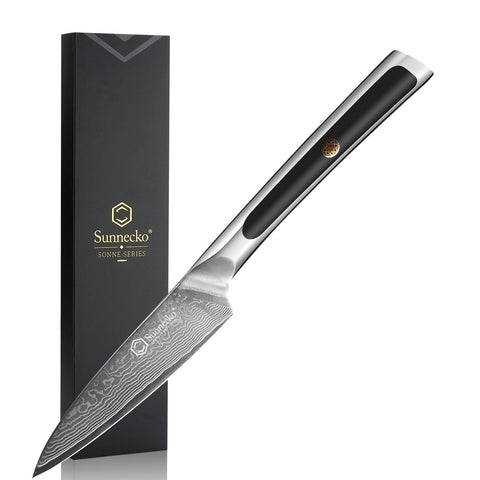Sunnecko paring knife with Damascus blade shows pattern and precise fruit slicing.