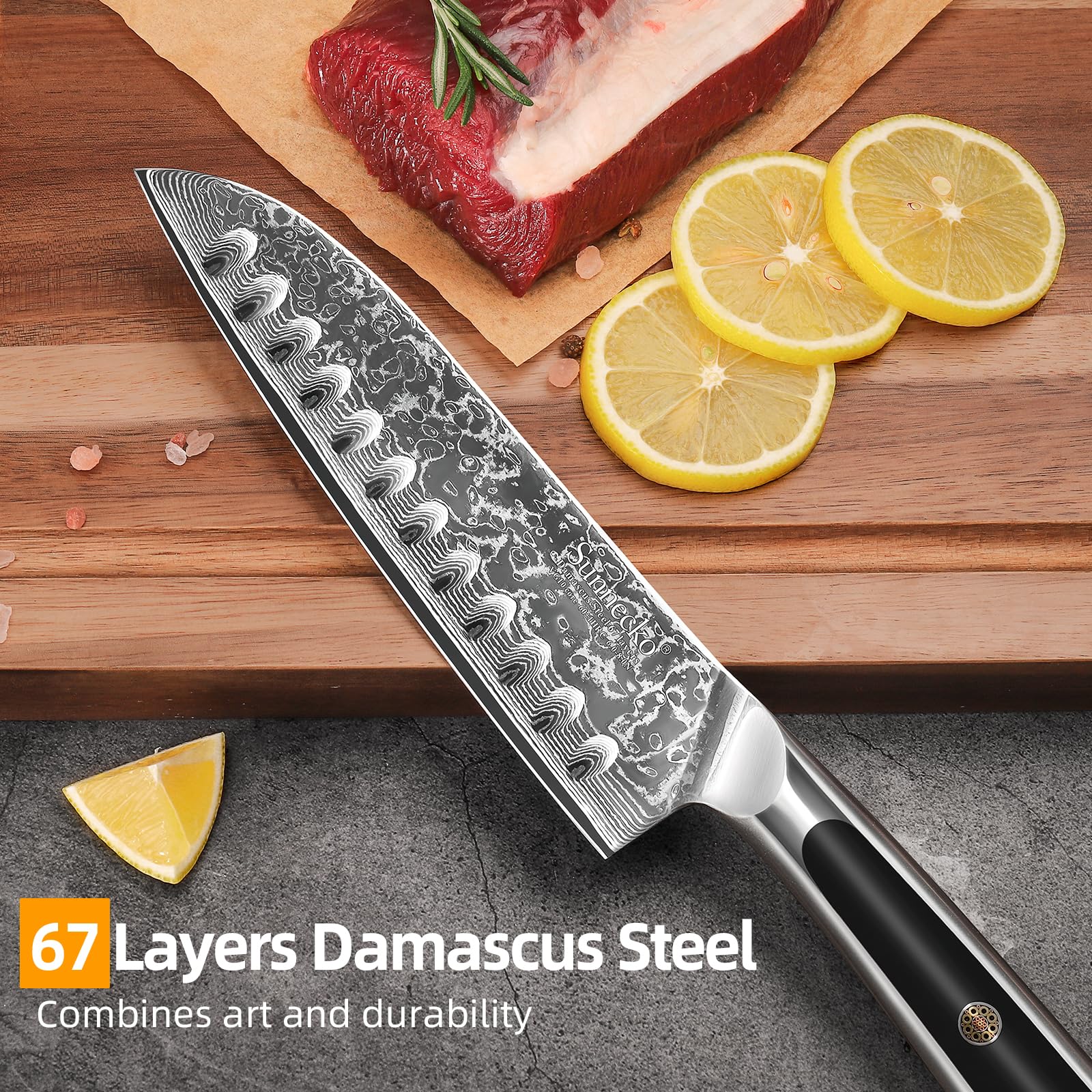 Sunnecko Santoku full-tang ergonomic handle for balanced control.