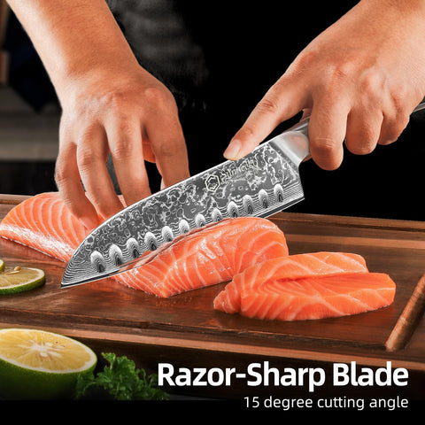 Sunnecko Santoku blade damascus pattern showcases craftsmanship.