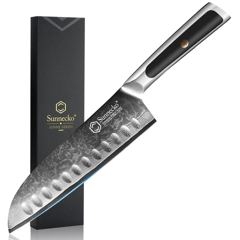 Sunnecko Santoku knife razor-sharp edge for precise slicing.