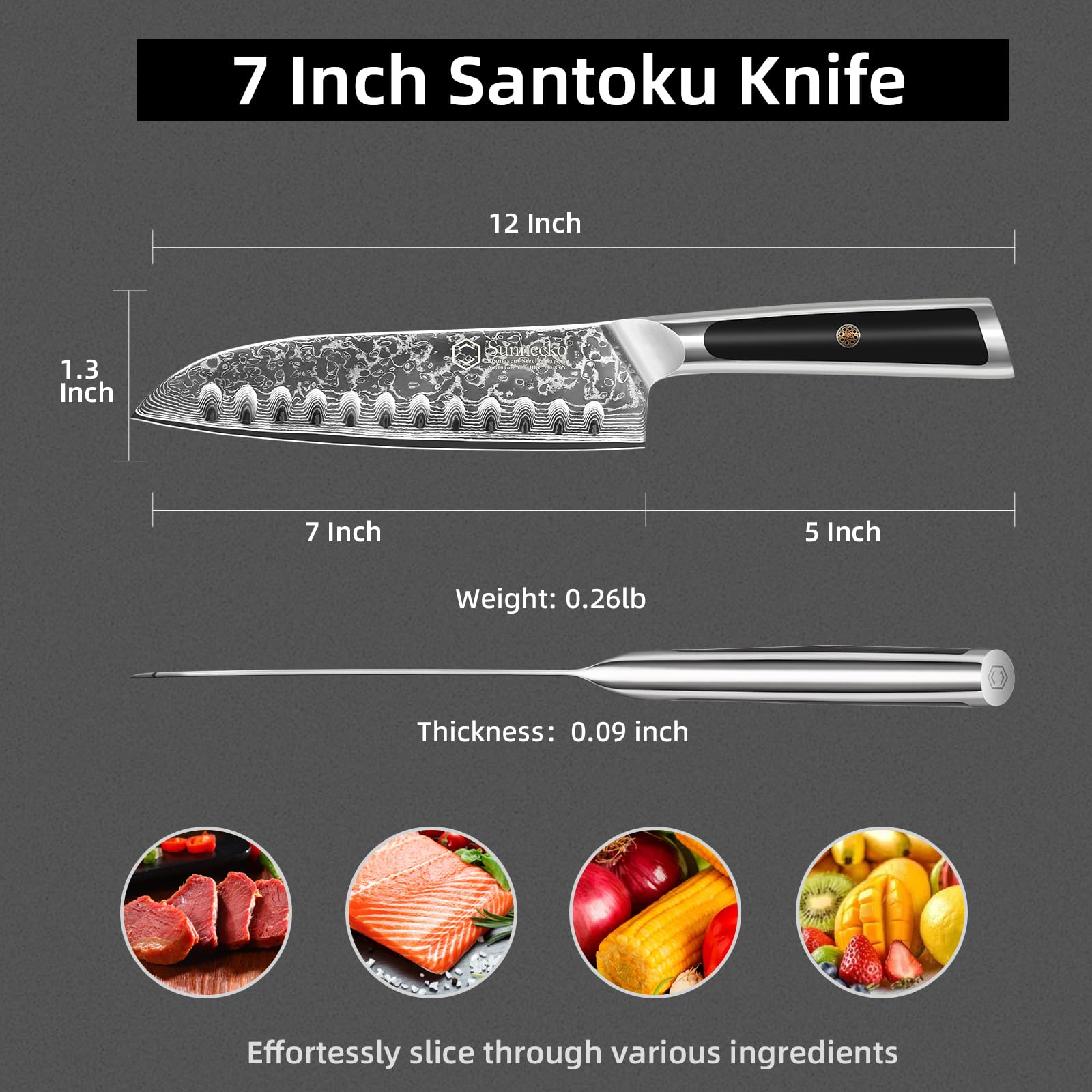 Sunnecko Santoku blade with VG-10 core and 66 layers for durability.
