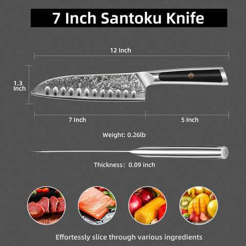 Sunnecko Santoku blade with VG-10 core and 66 layers for durability.
