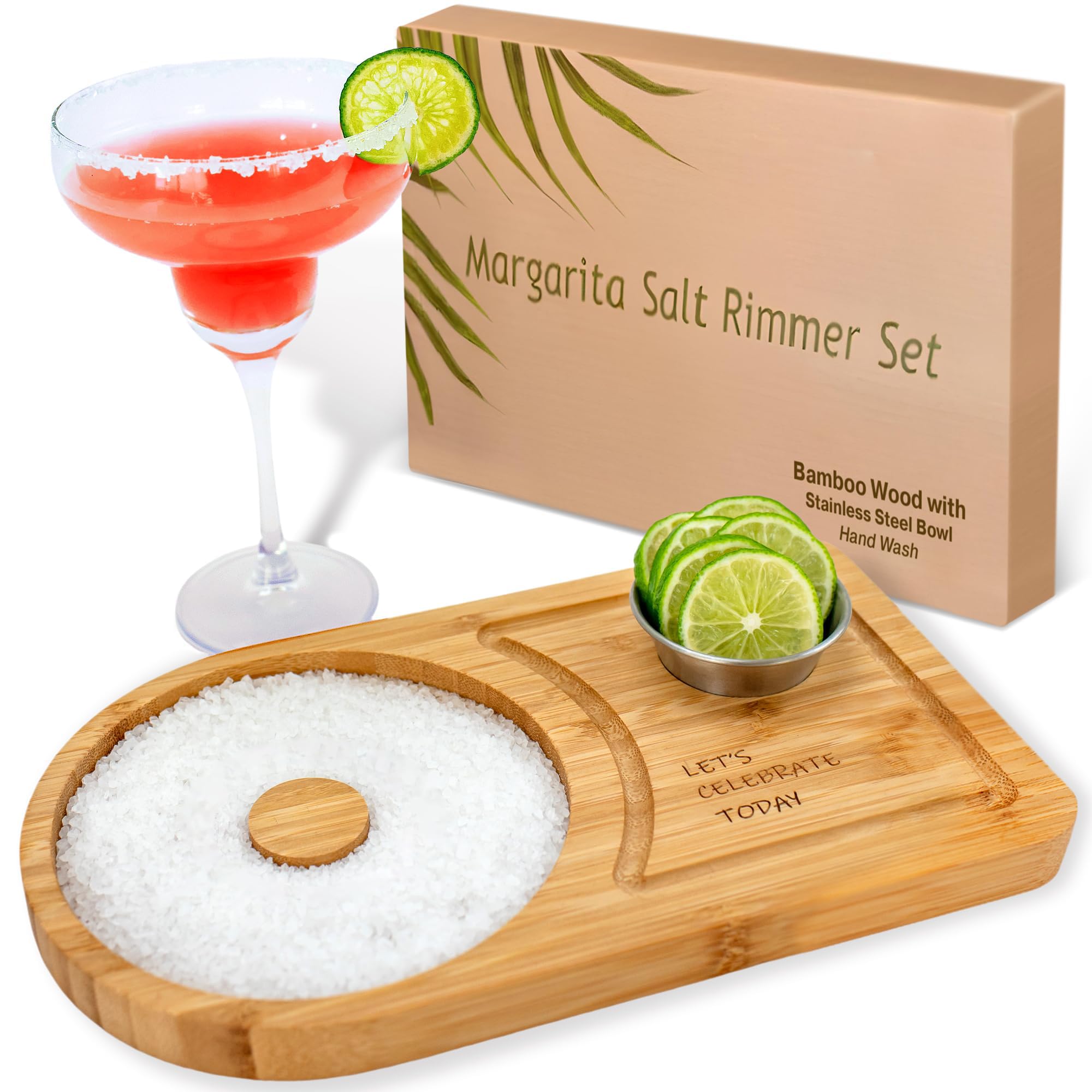 Sunnij's bamboo Margarita Rimmer Tray showcases 6-inch rim capacity for smooth glass rims.
