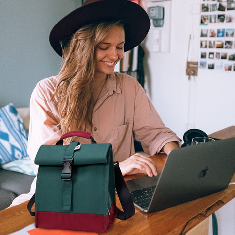 SUNNY BIRD lunch bag foldable design fits into a backpack.