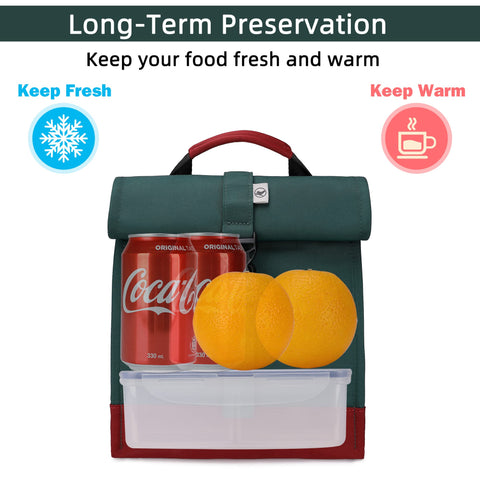SUNNY BIRD rolltop lunch bag green open top for easy packing.