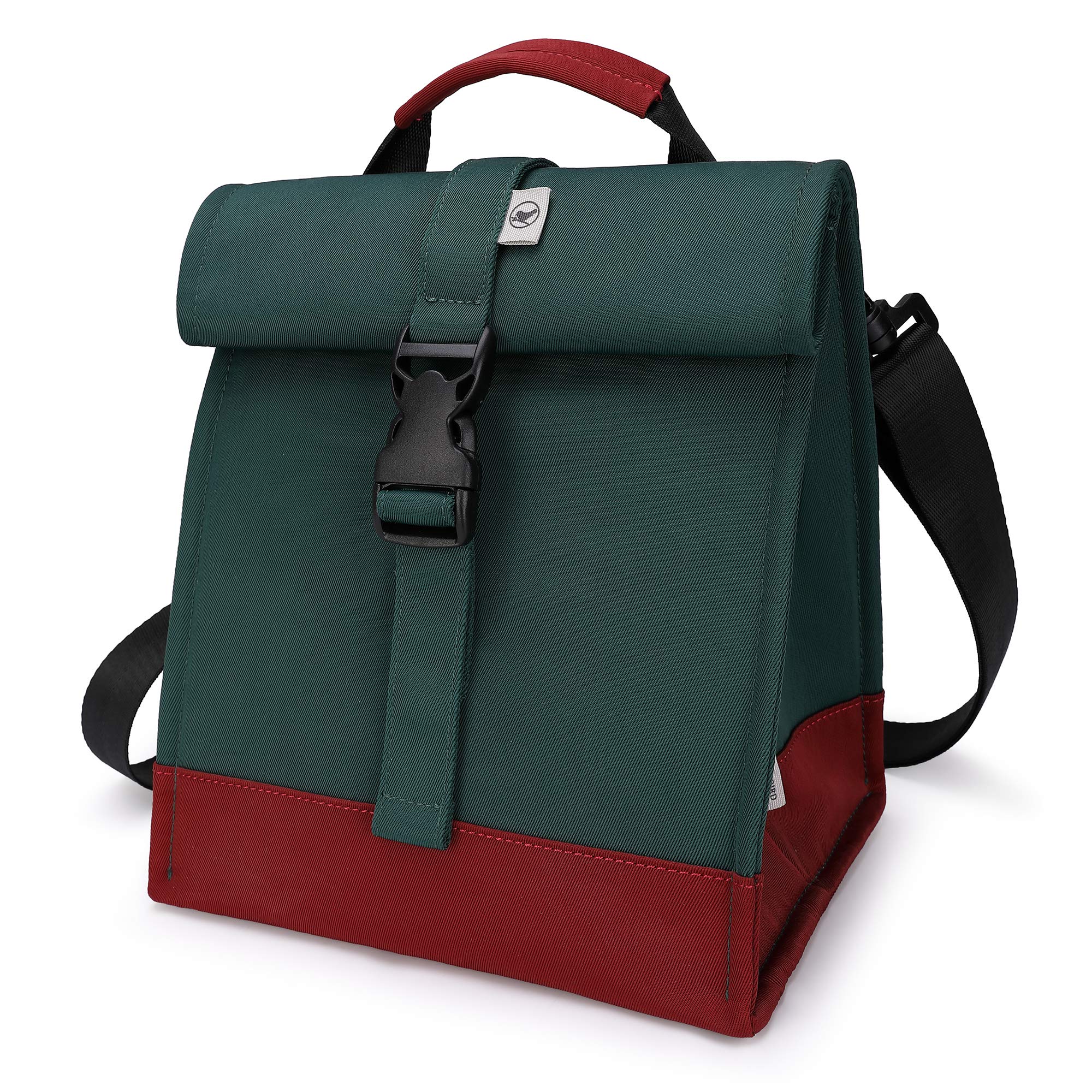 SUNNY BIRD rolltop lunch bag green side view, compact, portable daily meal carrier.