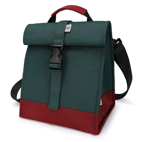 SUNNY BIRD rolltop lunch bag green side view, compact, portable daily meal carrier.
