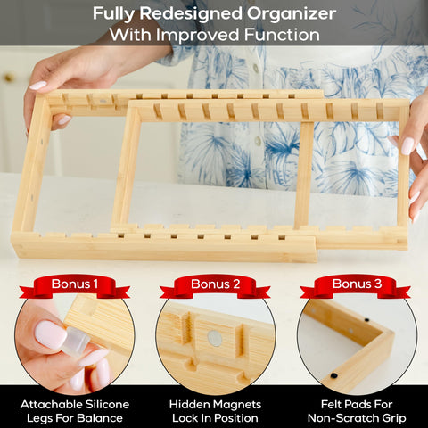 Adjustable dividers from Sunny Tots keep lids, muffin tins, and trays upright