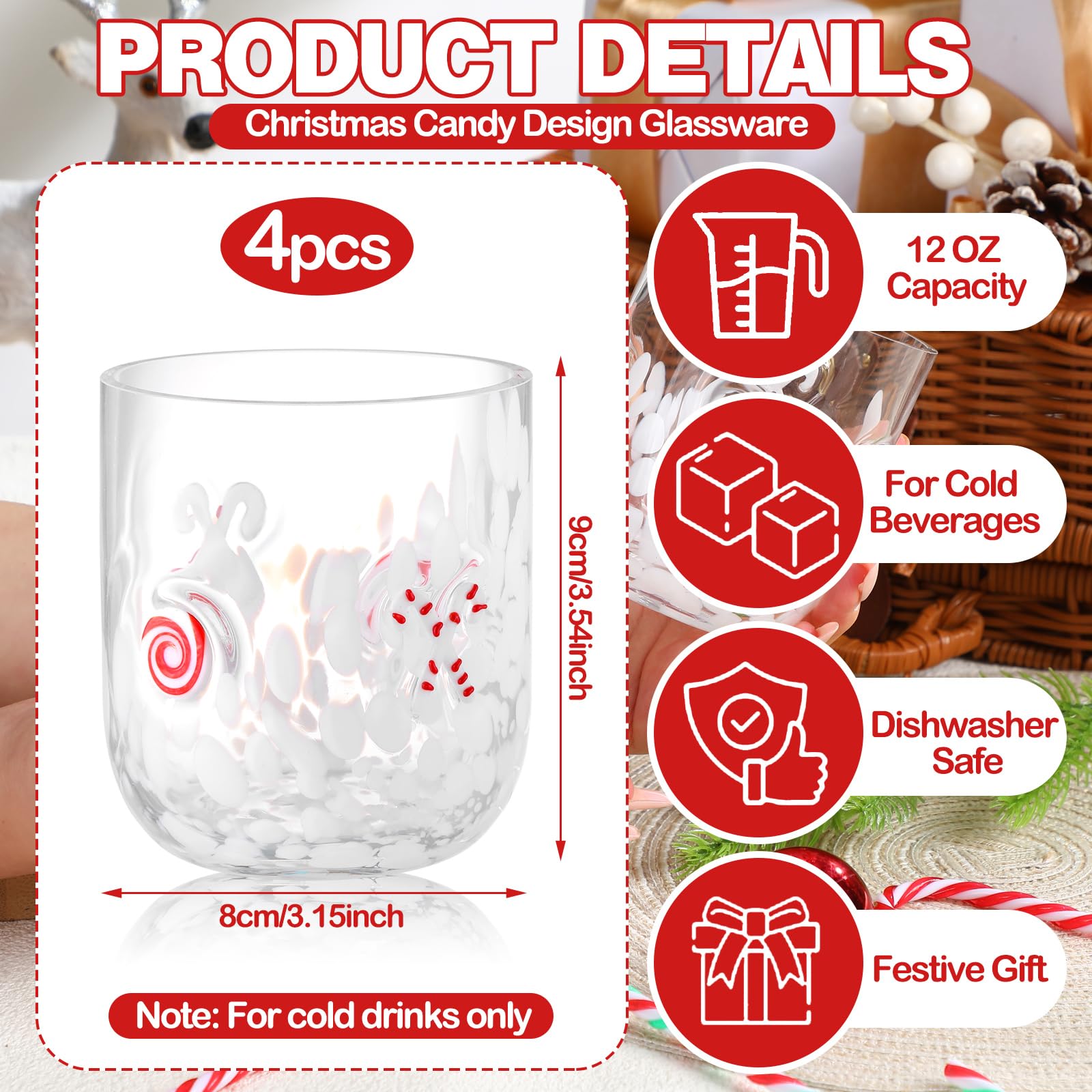 Sunnychicc candy cane design glass cups add cheerful charm to holiday beverages.