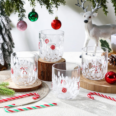 Sunnychicc Christmas icon glass cups with candy cane details for festive entertaining.