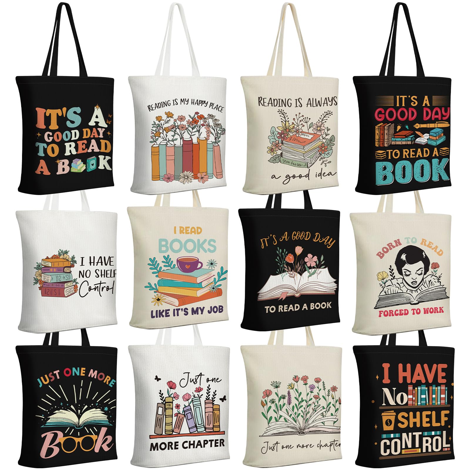 Sunnymove book tote collection in classic neutral colors, ideal for library trips.