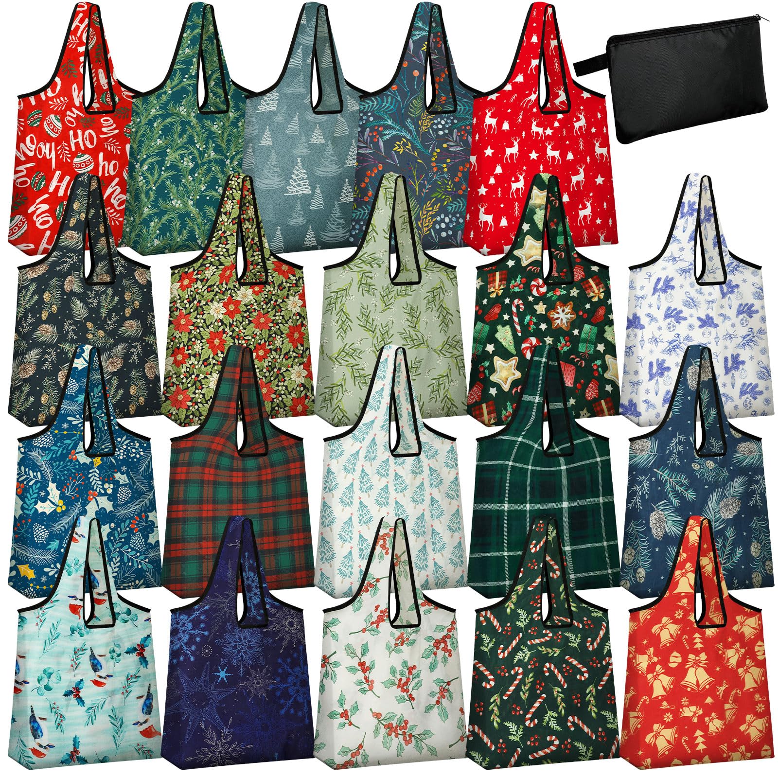 Sunnymove Christmas reusable tote bag 20-pack with festive prints for groceries.
