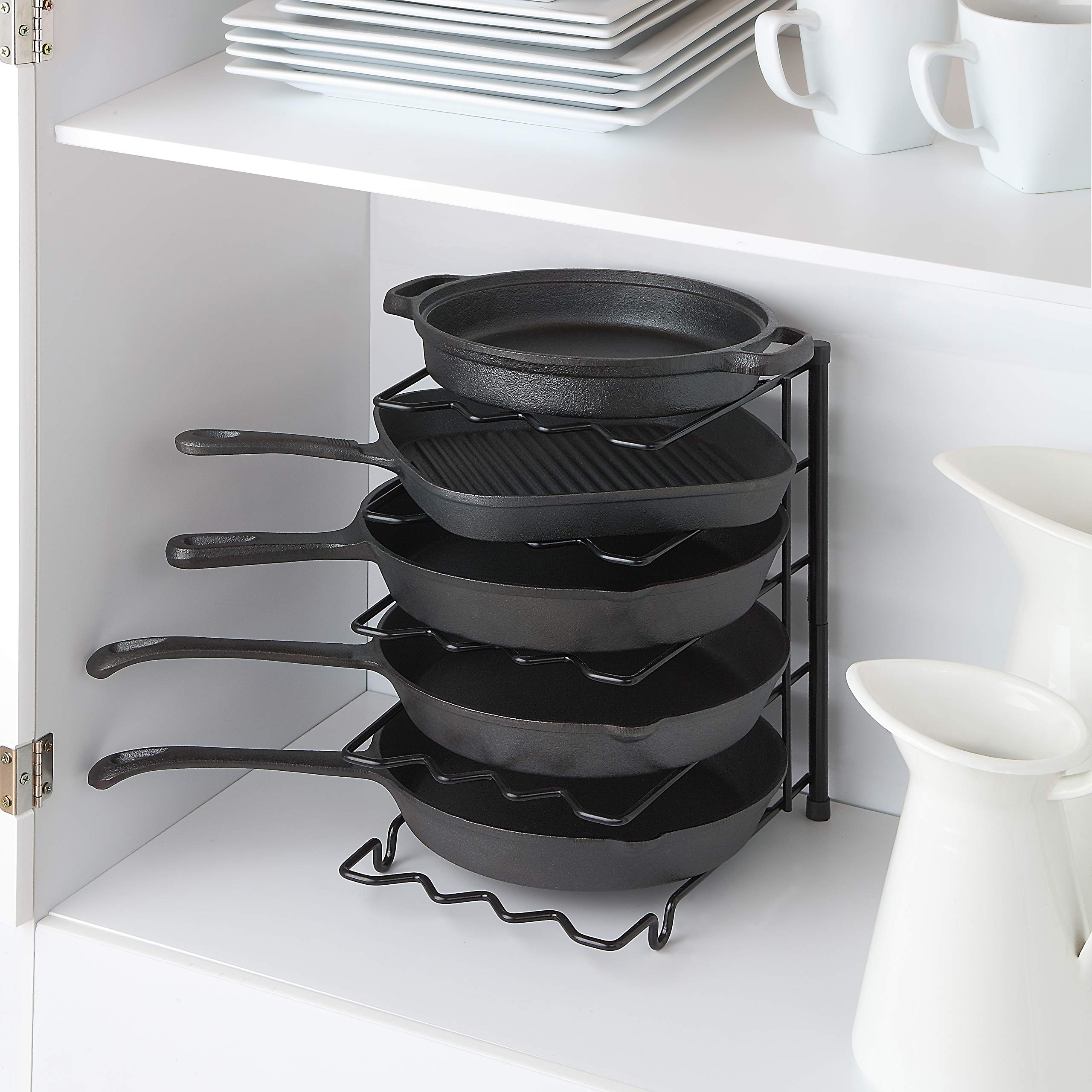 SunnyPoint metal heavy-duty rack shows vertical storage for pots and pans.