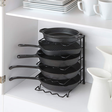 SunnyPoint metal heavy-duty rack shows vertical storage for pots and pans.