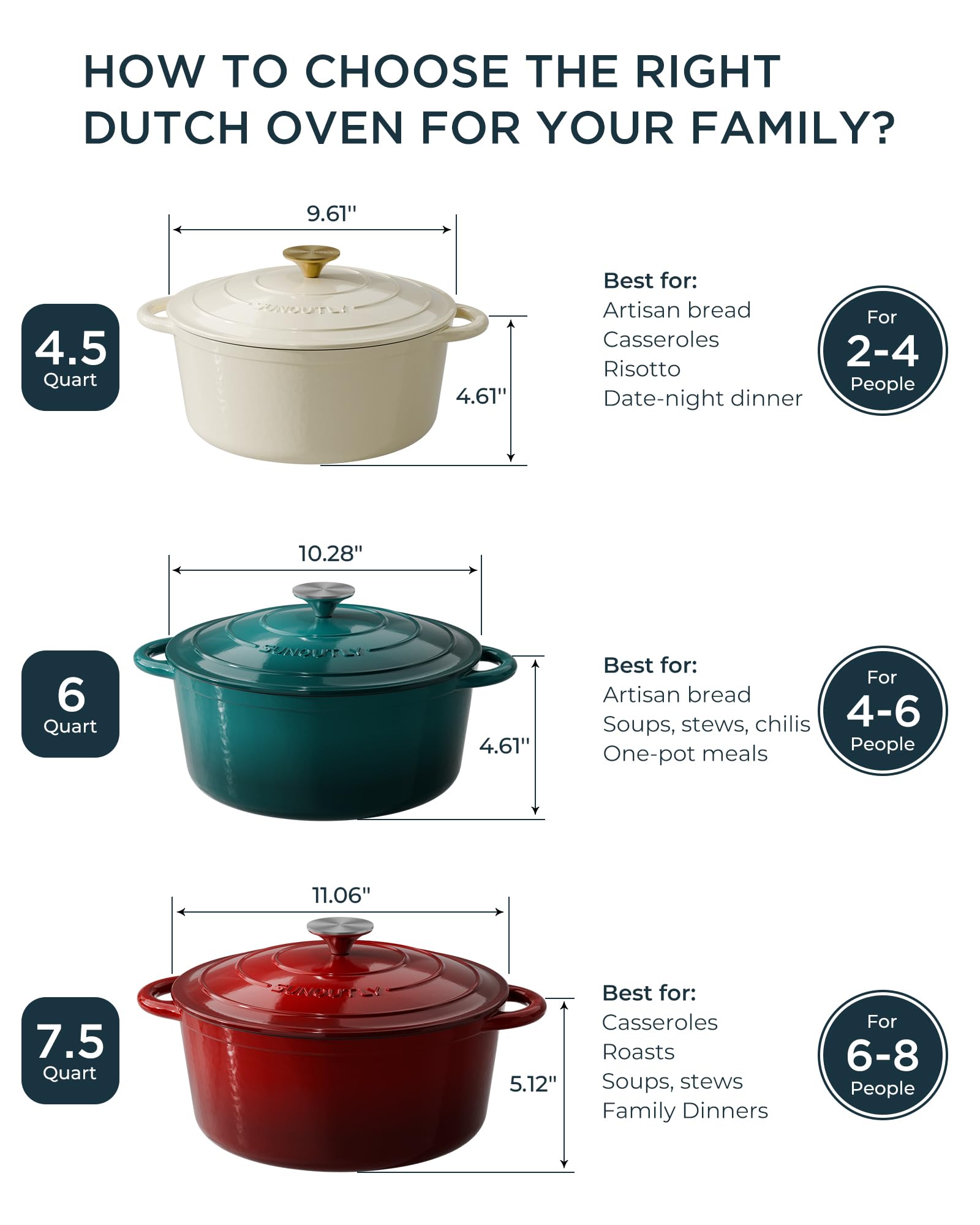 SUNOUTLY versatile cookware ideal for stews, roasts, and breads.