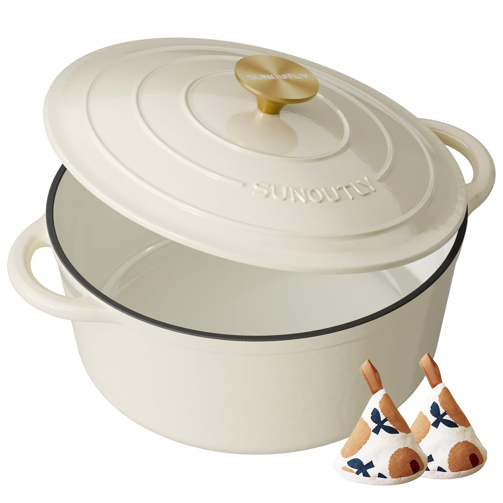 SUNOUTLY cream-white 6qt Dutch oven with lid delivers even heat for braising.