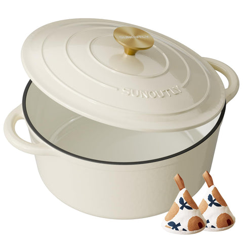 SUNOUTLY cream-white 6qt Dutch oven with lid delivers even heat for braising.