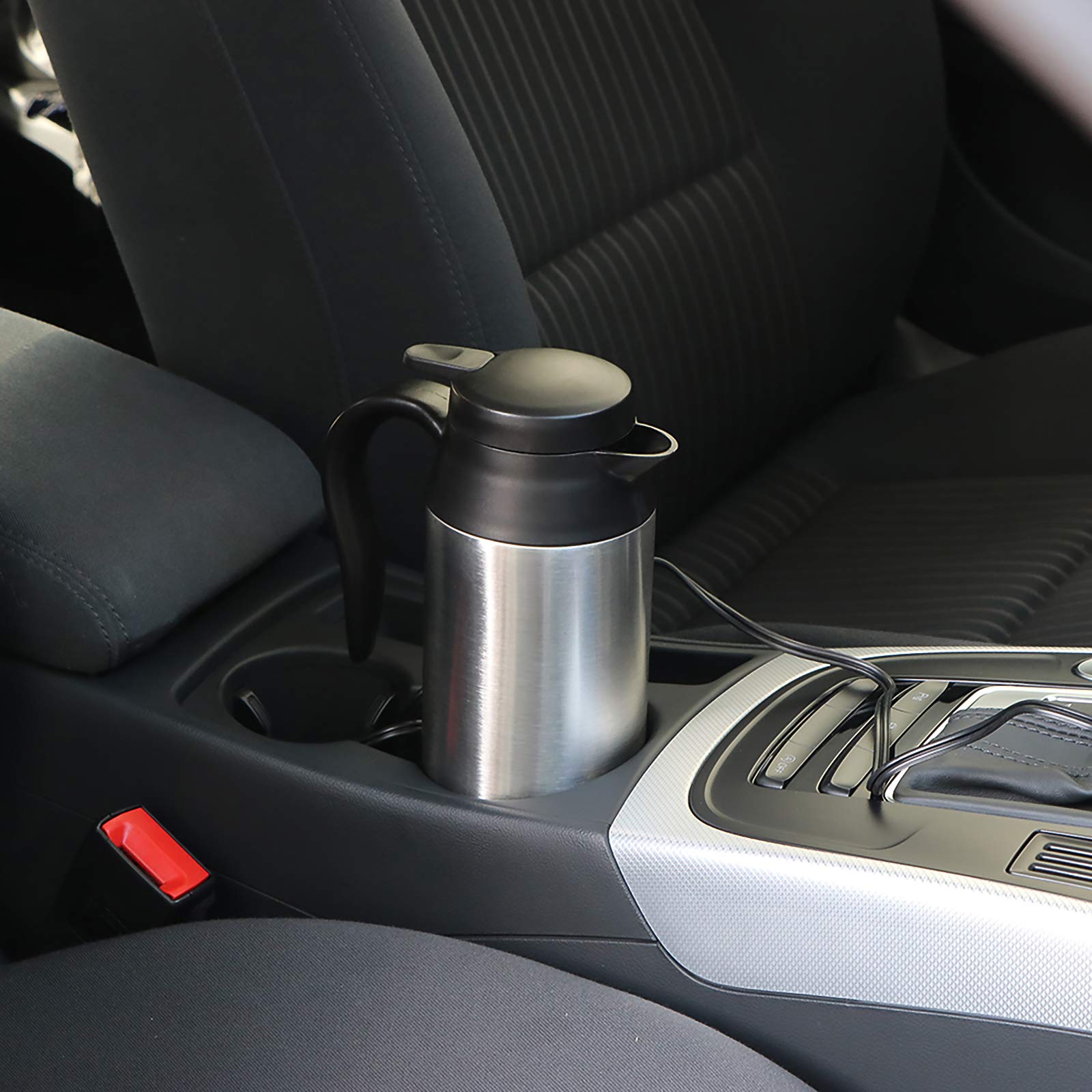 Sunsbell compact kettle located in a car cup holder for easy access.