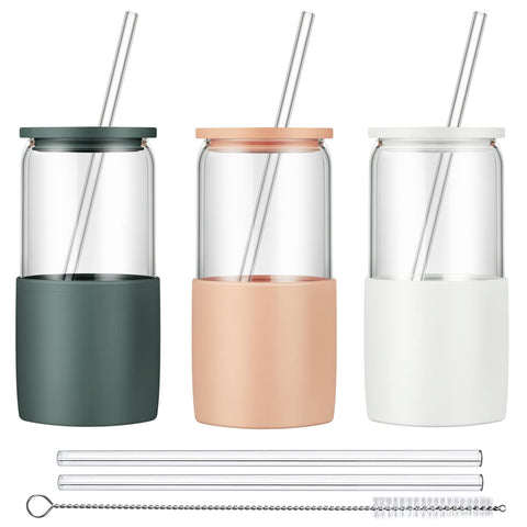Sunseeke glass tumbler with lid and straw for iced coffee anywhere