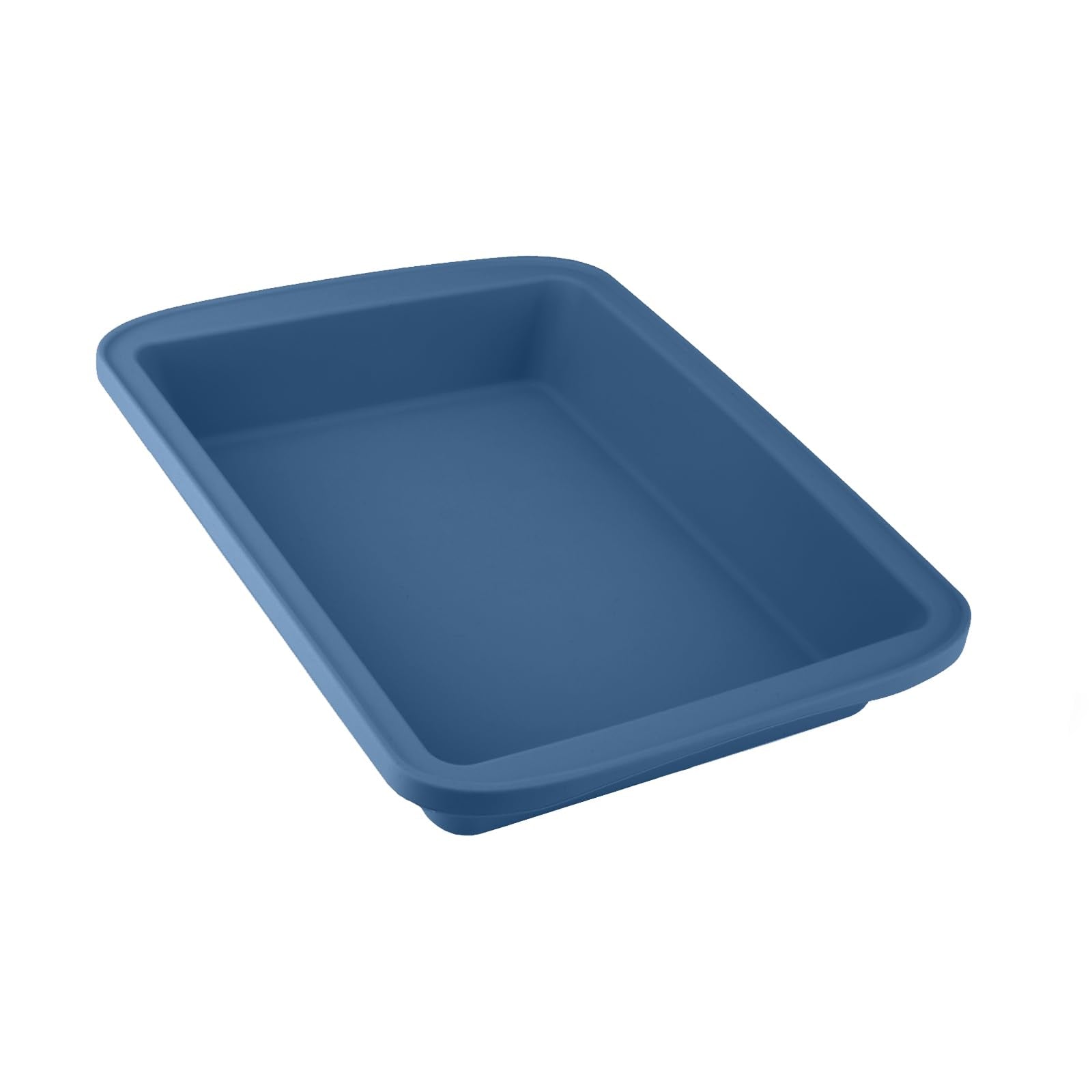 Sunsetbaby silicone baking pan in deep rectangular blue, ideal for lasagna and cakes