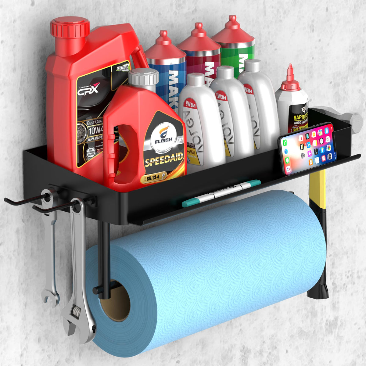 SUNTECH garage paper towel holder with shelf side view, sturdy and stable for garage use