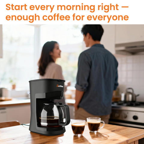 SuntNeew one-touch brew button for quick, simple coffee.