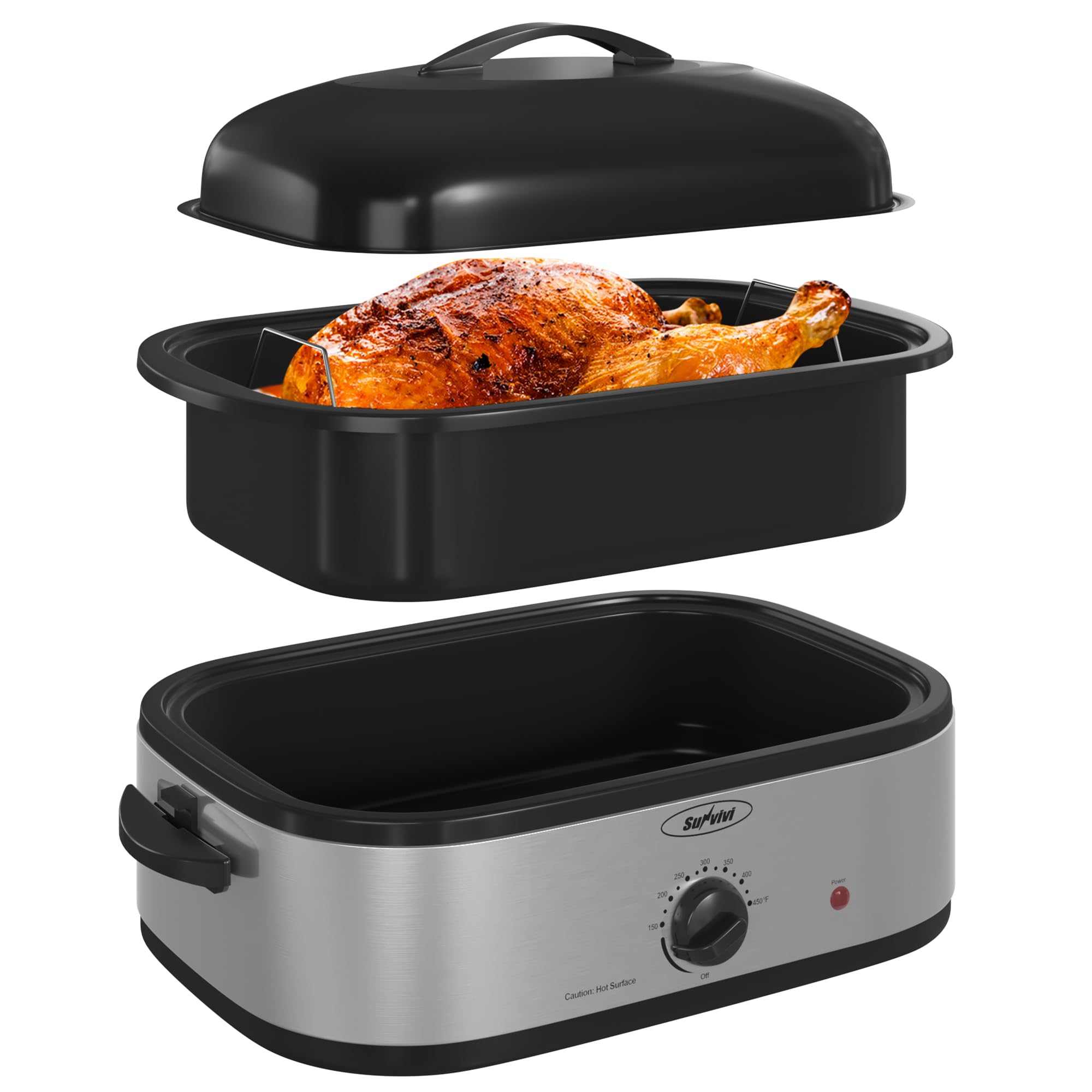 Sunvivi 14-quart roaster with self-basting lid for juicy, evenly browned dishes.