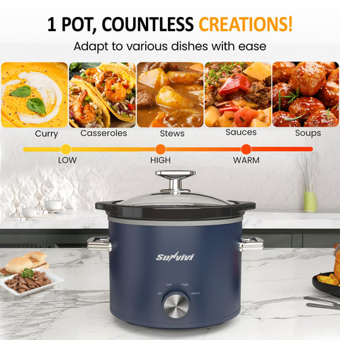 SUNVIVI 2QT slow cooker offering 3 settings for flexible meal pacing.