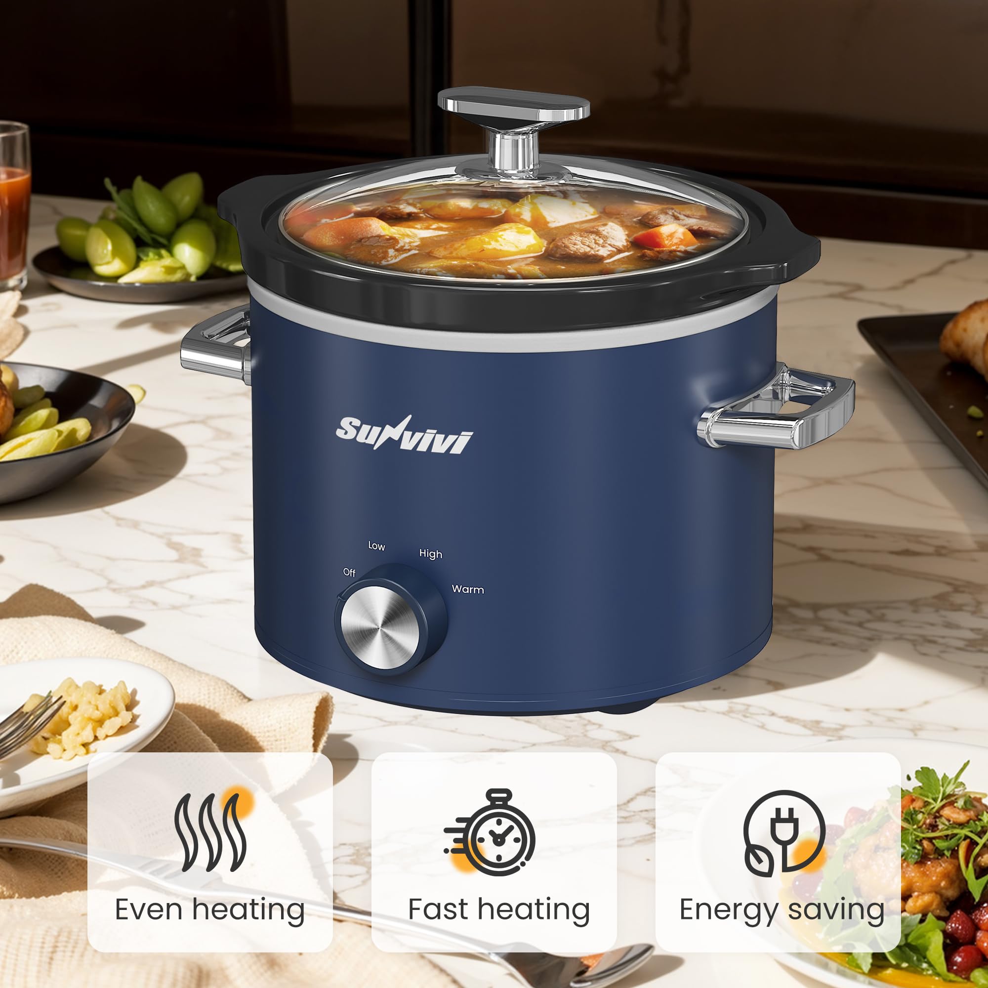 SUNVIVI slow cooker with dishwasher-safe glass lid for effortless cleaning after meals.