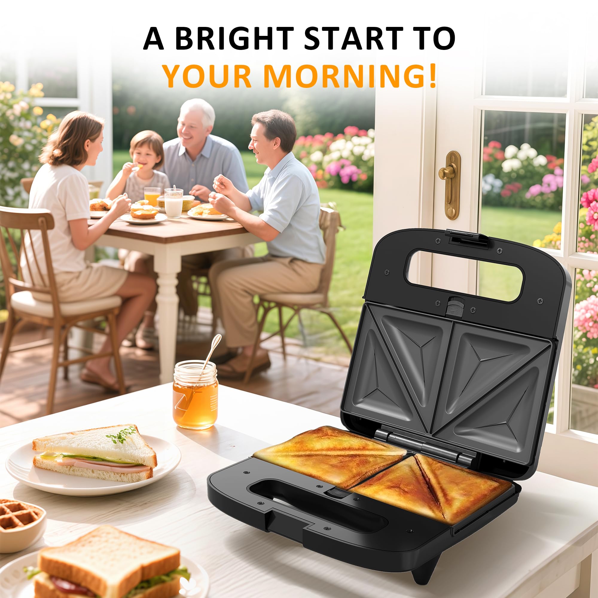 SUNVIVI 3‑in‑1 sandwich maker compact design ideal for travel and storage.