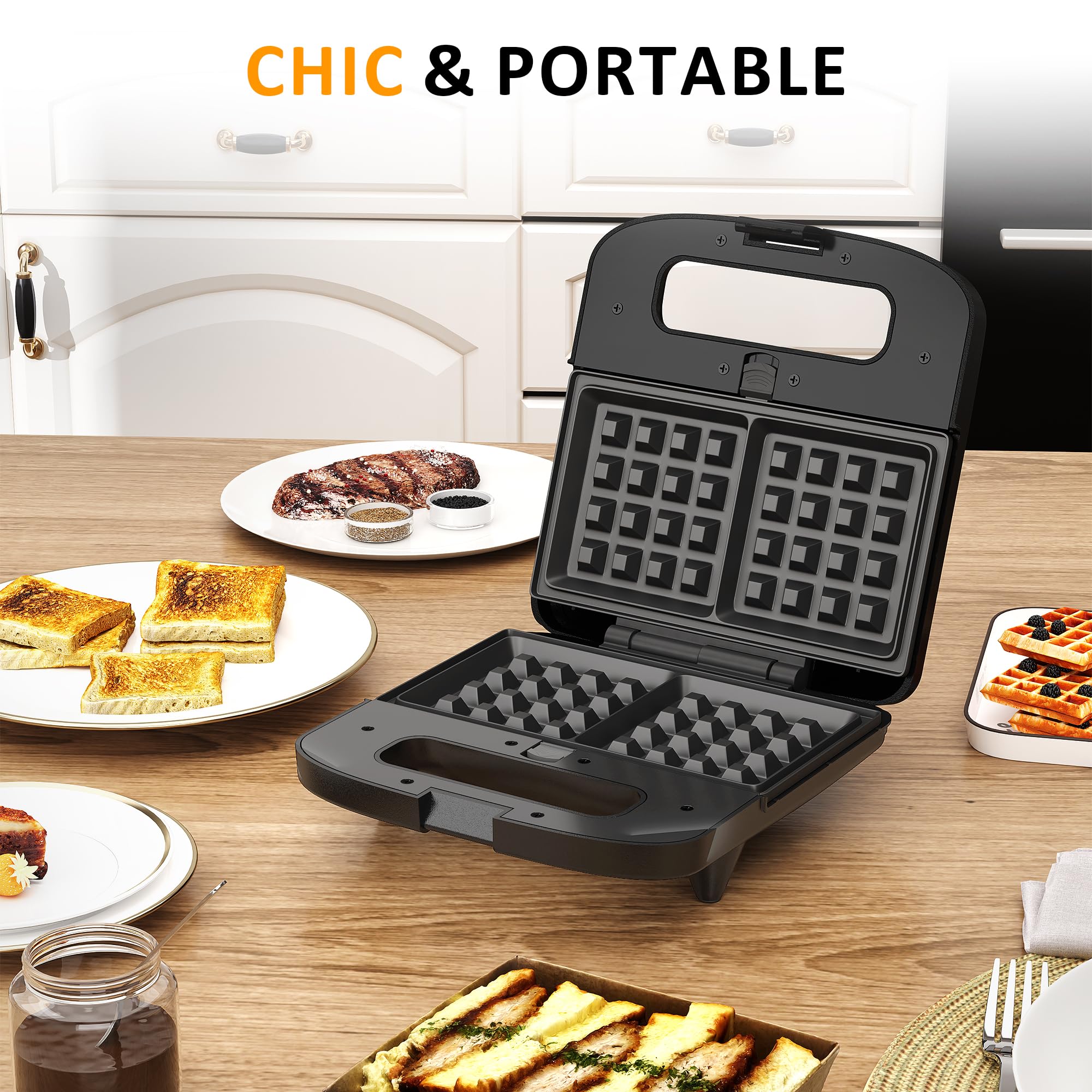 SUNVIVI 3‑in‑1 sandwich maker cool-touch handle for safe operation.