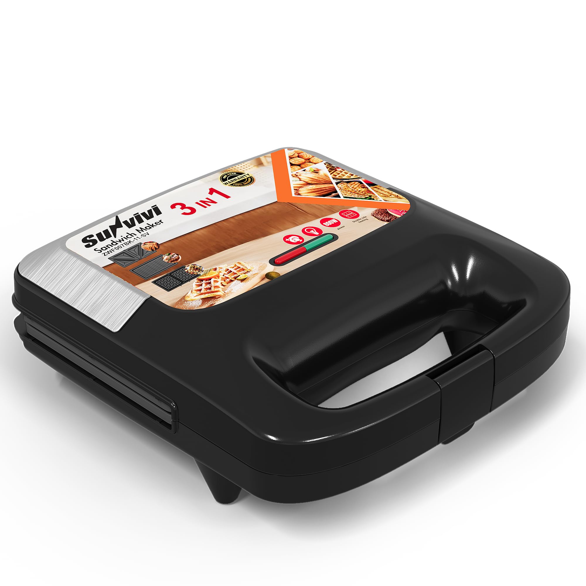 SUNVIVI 3‑in‑1 sandwich maker front view shows compact design for small kitchens.
