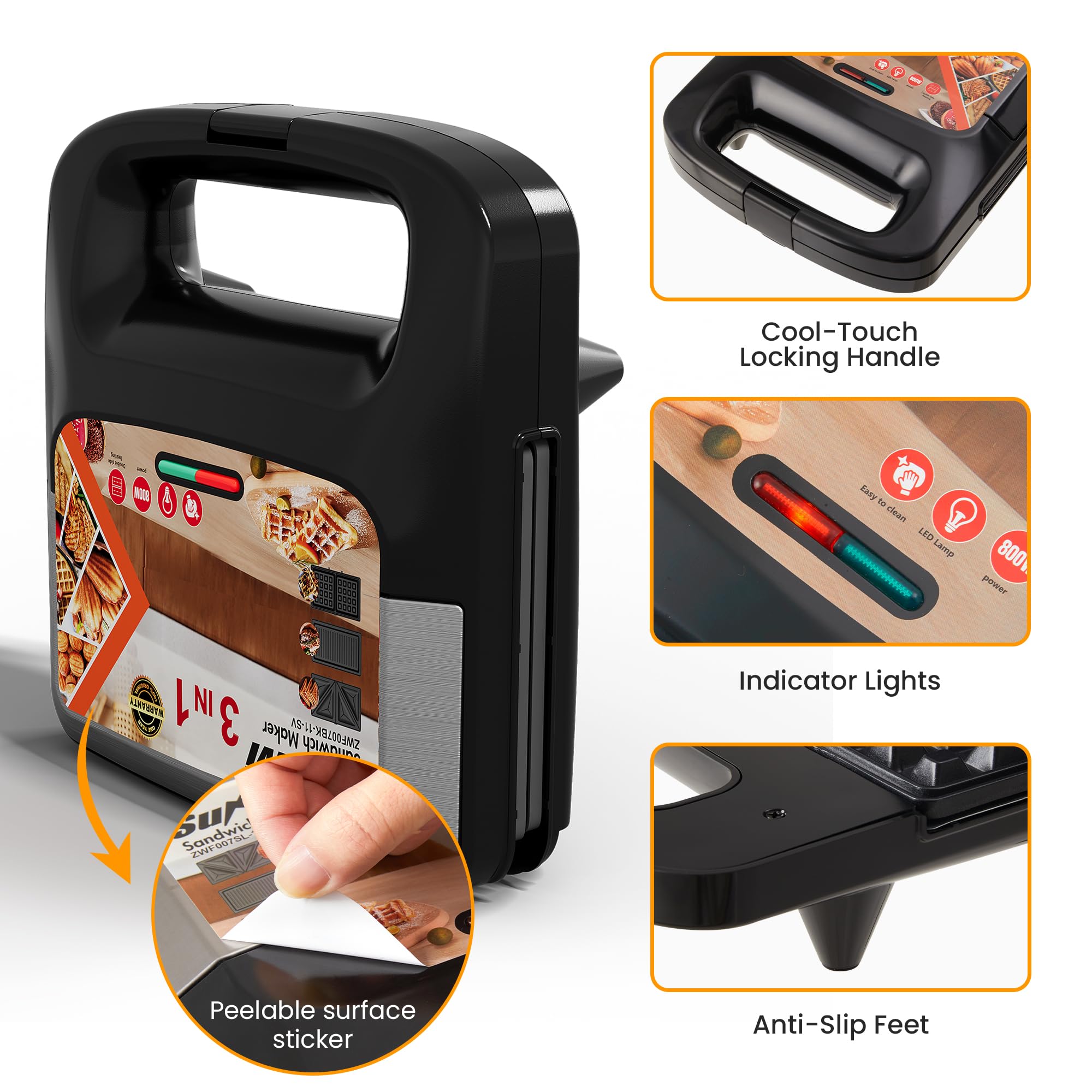 SUNVIVI 3‑in‑1 sandwich maker grill plate close-up for juicy grilled items.