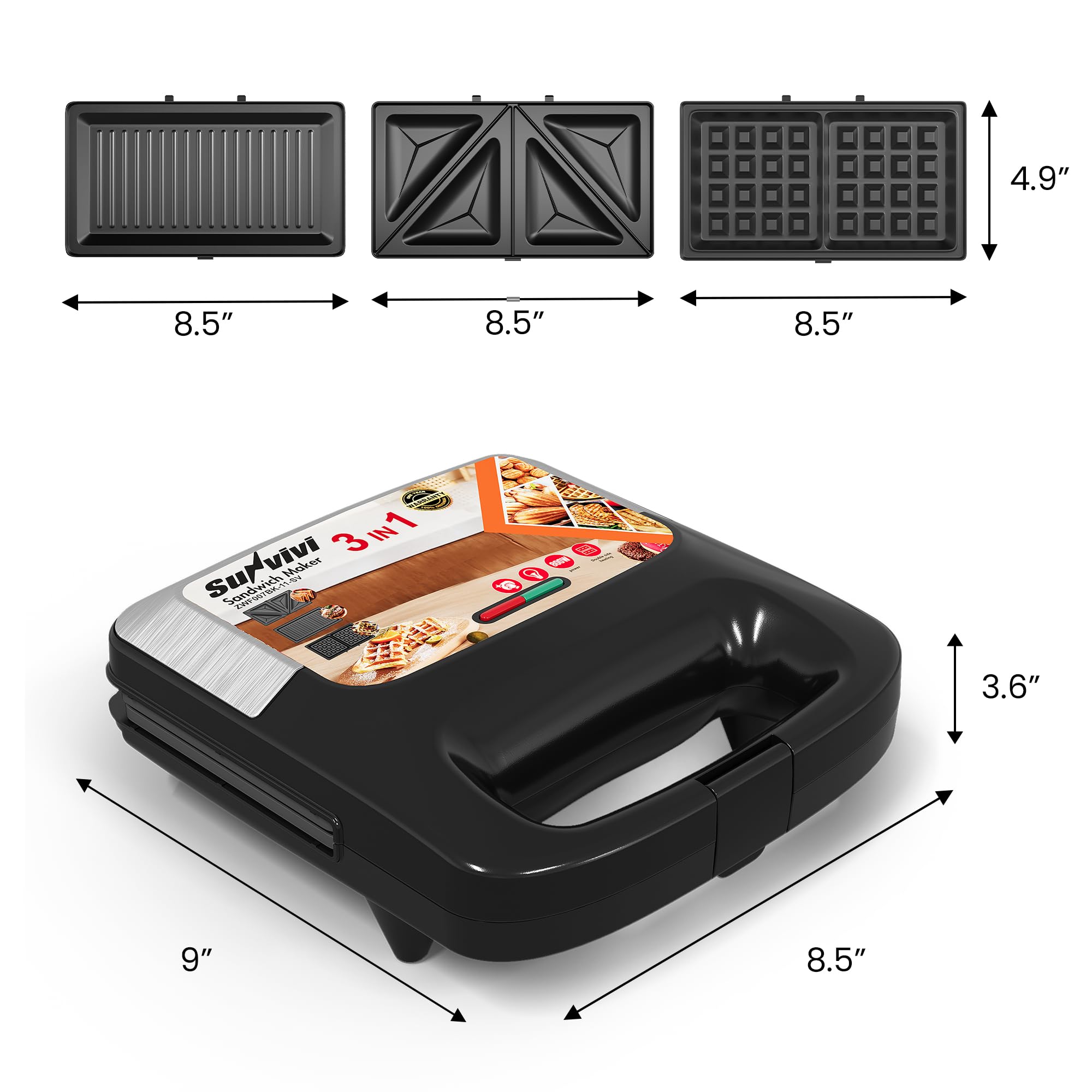 SUNVIVI 3‑in‑1 sandwich maker sandwich plate close-up reveals even toasting.