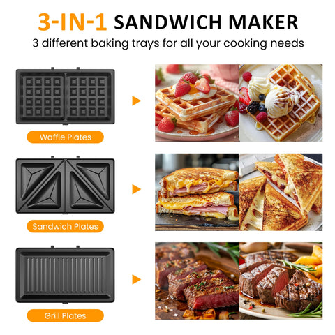 SUNVIVI 3‑in‑1 sandwich maker waffle plate in use enables quick weekday breakfasts.