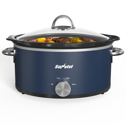 Sunvivi 3 Qt slow cooker blue front view, compact kitchen companion for small meals.