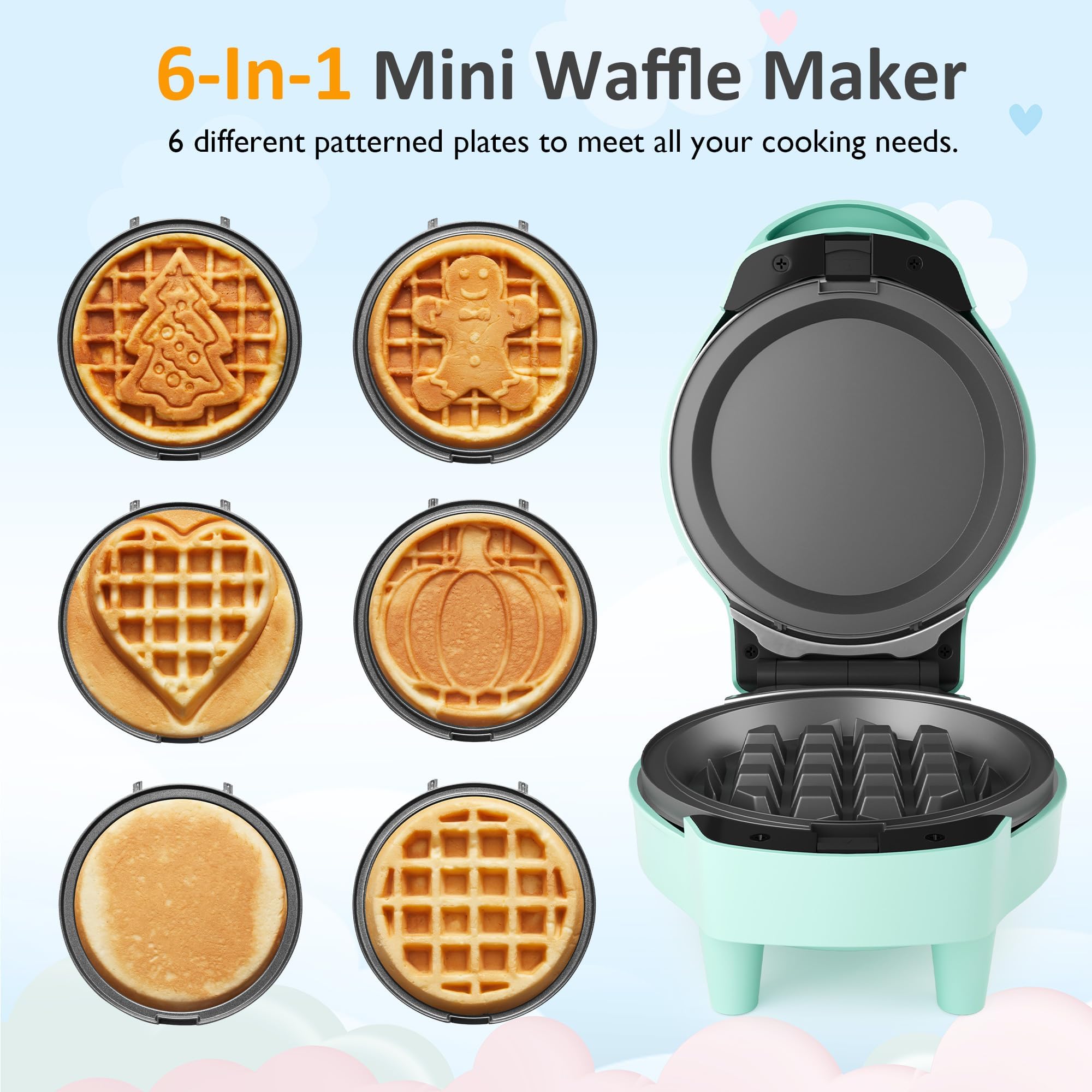 SUNVIVI 6-in-1 waffle iron with removable plates for versatile recipes.