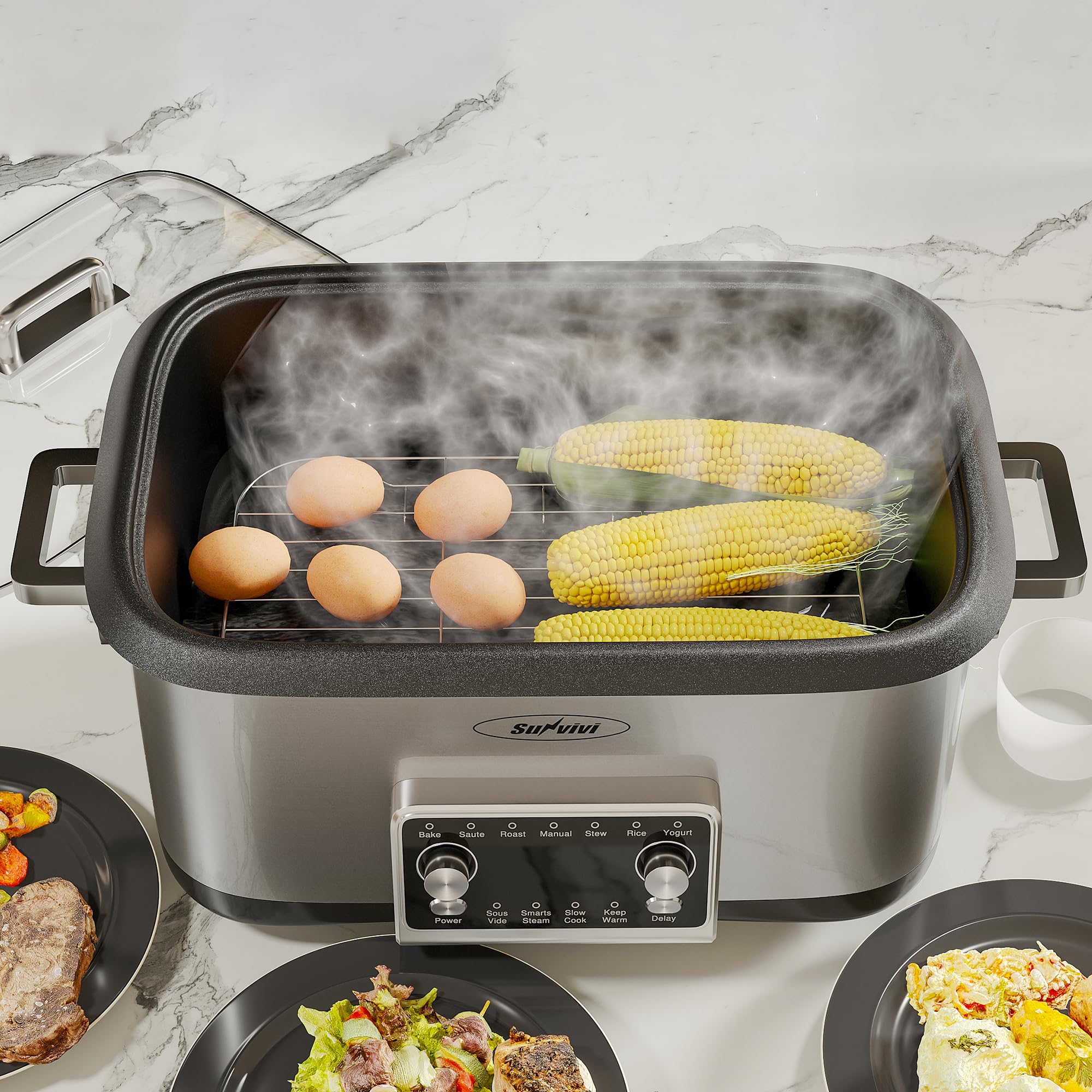 Sunvivi 8qt in-action scene demonstrating versatile multi-cooker features.