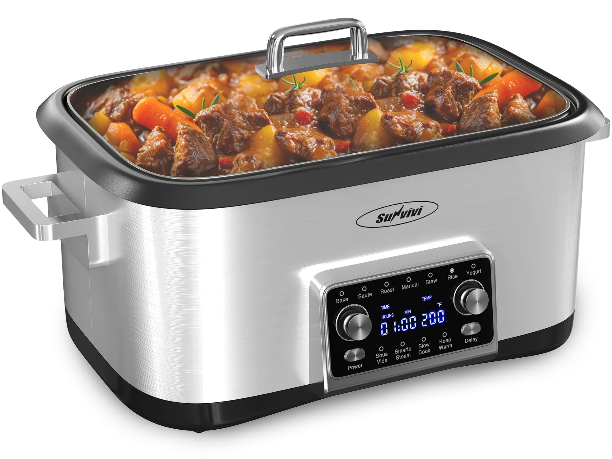 Sunvivi 8qt slow cooker front view for a stylish, space-saving kitchen appliance.